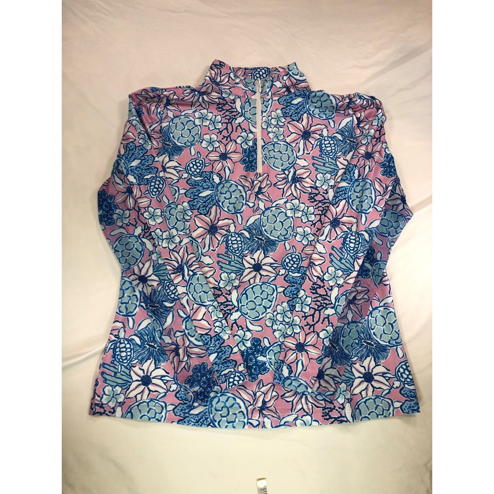 Gottex Studio Womens Medium Sea Turtle Floral Print Quarter Zip Sun Shirt Pink